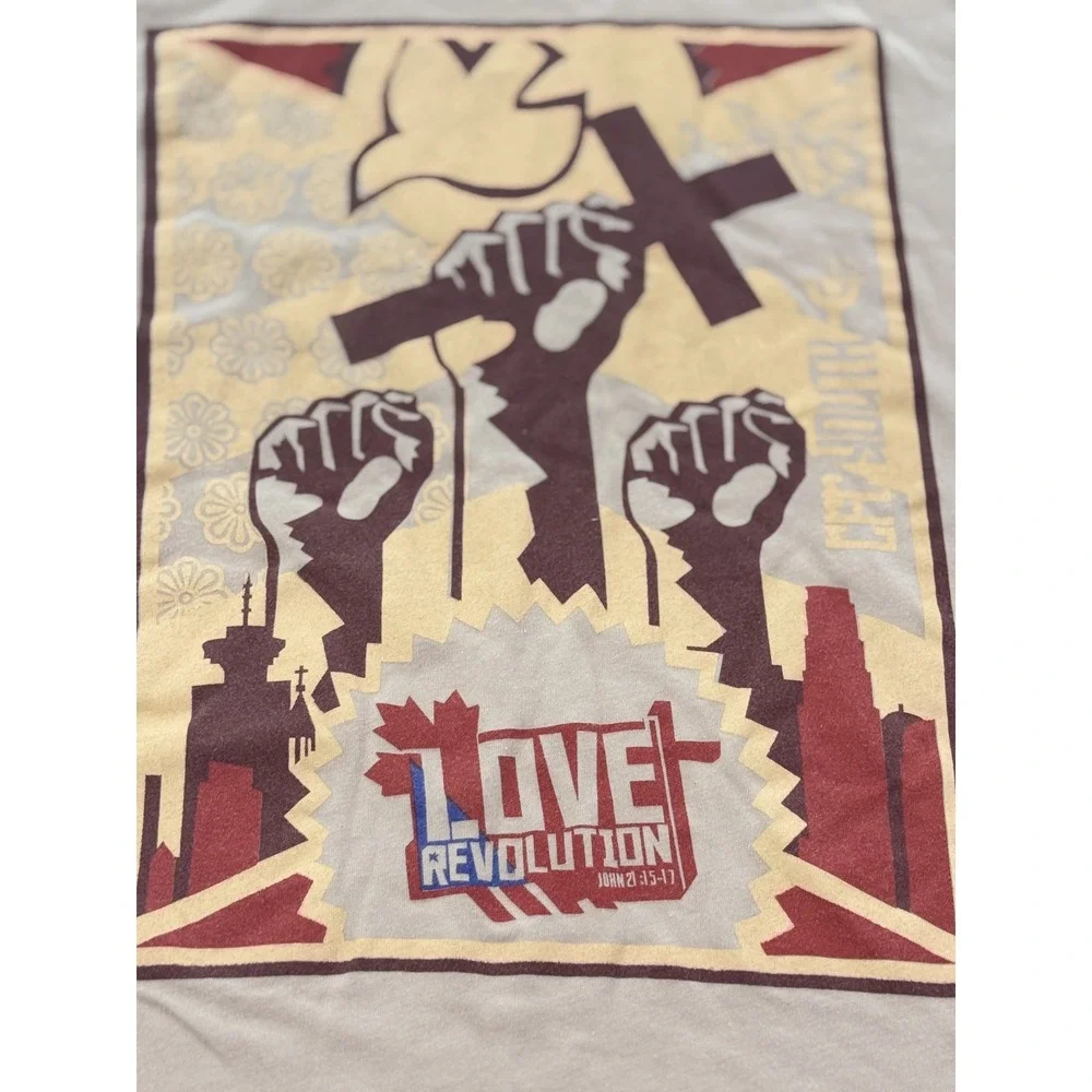 American Apparel Men's L Tan Love Revolution Graphic Print Crew Neck T-Shirt